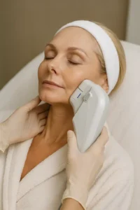 Woman receiving HIFU non surgical facelift treatment Rhyl