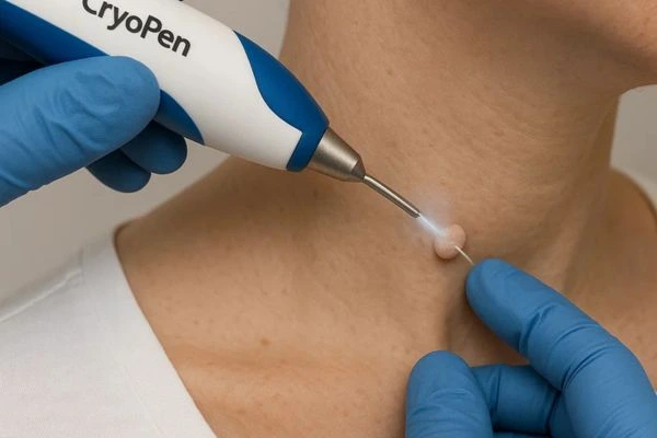 Person receiving cryotherapy Rhyl for skin tag removal