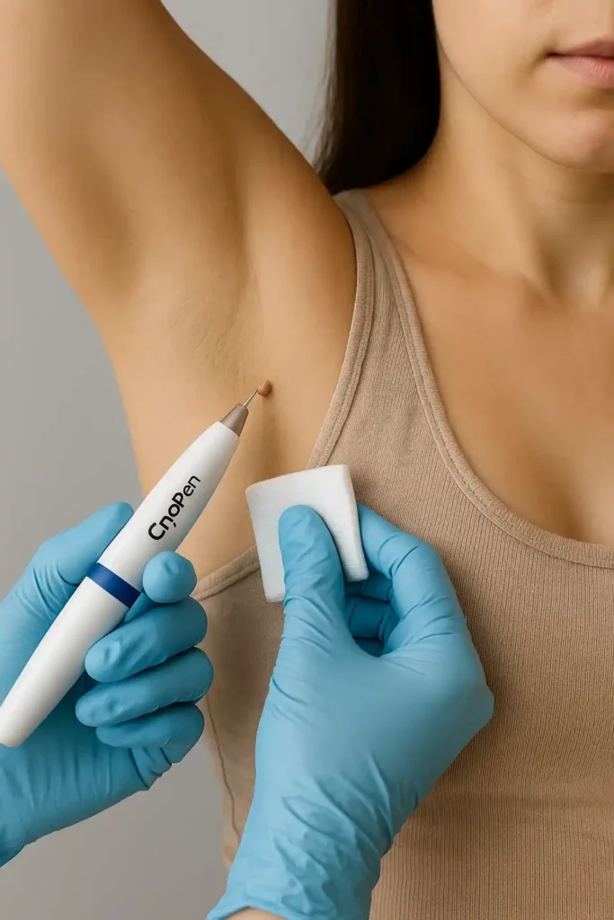 woman having cryopen to remove underarm skin tags Rhyl