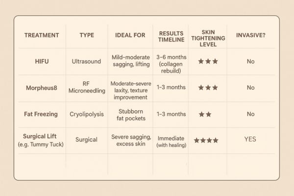 Table showing the comparisons of Skin tightening Rhyl treatment options.